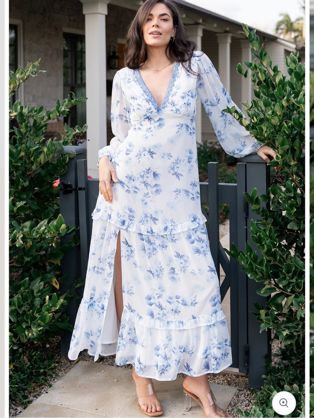 BALTIC BORN Rumi Deep V Tiered Floral Maxi Dress w/ Slit Long Sleeve Size Large - Picture 2 of 8